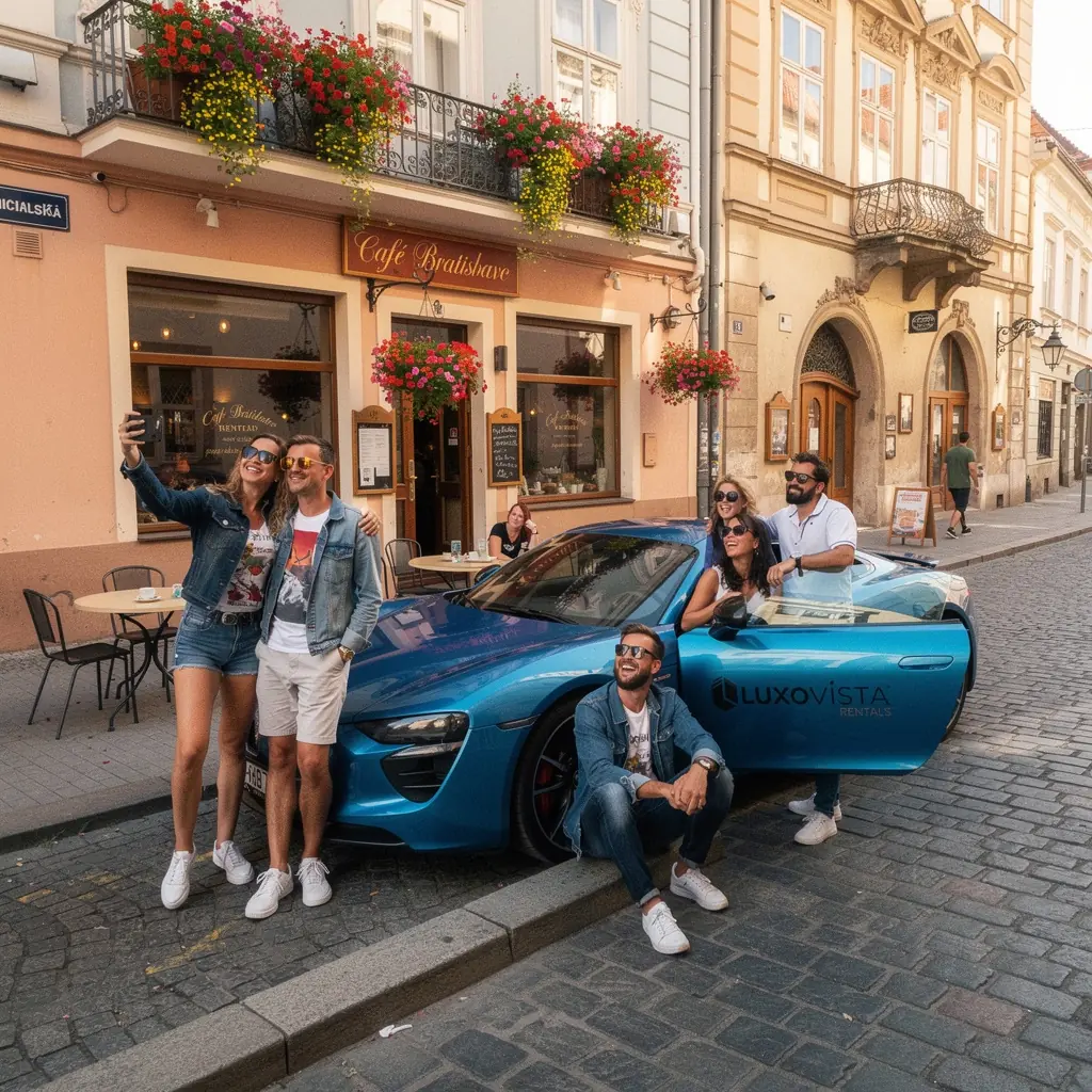 Západ slnka nad Bratislavou s luxusným autom v popredí